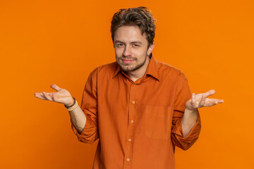 What. Why. Angry Caucasian man raising hands in indignant expression, asking reason of failure,...