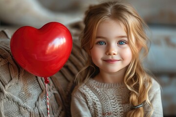 Cute little girl holds red heart shaped balloon for valentine's day. Valentine's day celebration concept.
