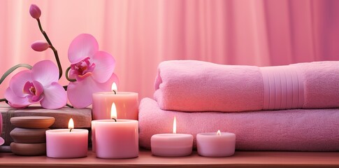 Obraz na płótnie Canvas A stack of pink towels decorated with orchids and burning candles. generative AI