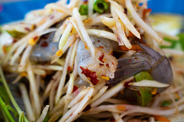 close up Somtum  Thai spicy papaya salad with prawn a Delicious and Healthy Dinner Plate