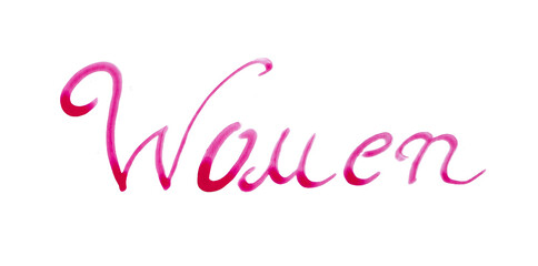 Fototapeta na wymiar The word Woman in red and pink on a white background. Gradient from dark to light. Calligraphy. Rounded lines. Italic font. Written by hand. Lettering.