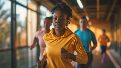 Focused Young Woman Leading Indoor Running Group