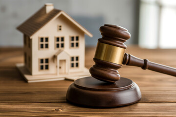 a judge's hammer on the background of a house, a real estate auction or a court case