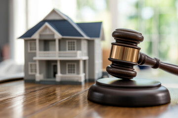 a judge's hammer on the background of a house, a real estate auction or a court case