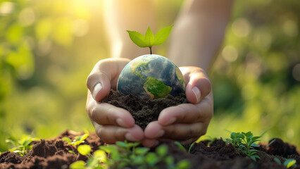 Hands Holding Earth with Growing Plant