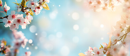 桜の花と青い空。薄いピンクの花びら。バナー背景、ソフトフォーカス - obrazy, fototapety, plakaty