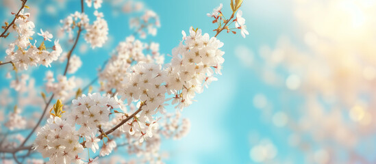 桜の花と青い空。白い花びら。バナー背景、ソフトフォーカス