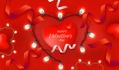 Happy Valentine's Day card with light lamps, red hearts and ribbons background. Vector Holiday illuminated frame made of garland wire love design.
