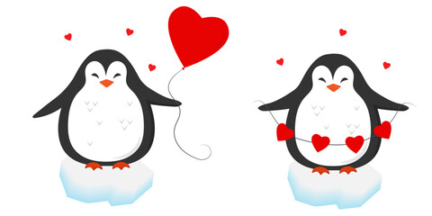 Background with Cute Penguin, Heart, Valentine's day, Character, Valentine, Birthdays, Card, Vector  illustration
