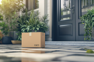 cardboard box near the door, the concept of an online shopping delivery service - obrazy, fototapety, plakaty