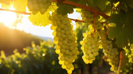 Close-up of a bunch of white grapes between grape leaves in a vineyard at sunset. Autumn harvest,...