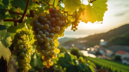 Close-up of green grapes on a blurred background of vineyards in the sun, Europe. Autumn harvest,...
