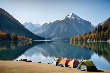 camping tent high in the mountains  - obrazy, fototapety, plakaty