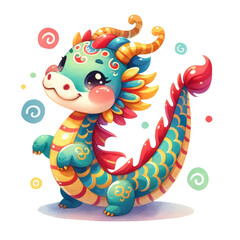 Fun and whimsical cartoon illustration of a green Chinese dragon with a baby dragon, surrounded by nature and other cute animals, perfect for a holiday fantasy scene