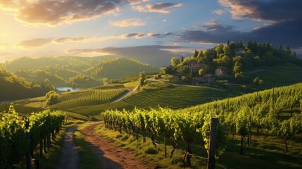 Vineyards with vines at sunset. Industrial production at the winery, Farming farming, Agriculture...