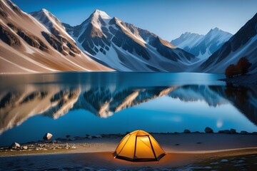 camping tent high in the mountains  - obrazy, fototapety, plakaty