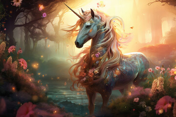 Obraz na płótnie Canvas Magical unicorn in a magical forest in the warm light of the sun. Generated by artificial intelligence