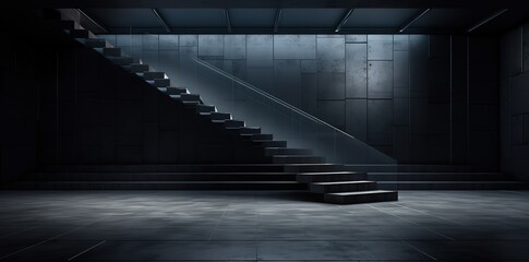 A staircase with a room with black walls