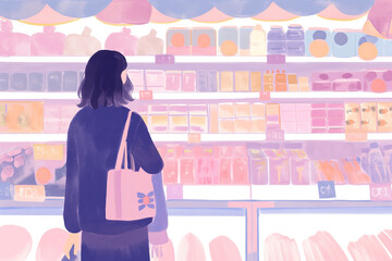 A cute girl is buying groceries