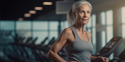 Fototapeta premium woman in her 50 ties with grey hair doing exercise at the gym