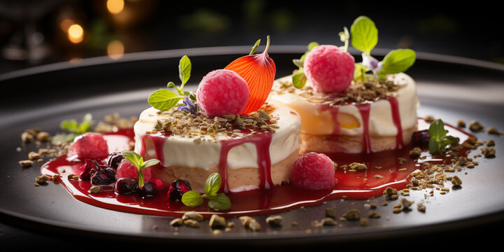  A dessert plate of a Eisbein with fruit and garnish
