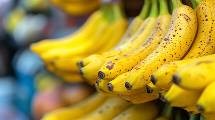 Ripe bananas with spots displayed at market.