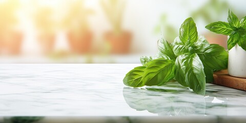 Blurred kitchen background with mint leaves on marble cutting board.