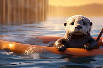 A cute baby otter kayaking in a bathtub. Generative AI. - obrazy, fototapety, plakaty