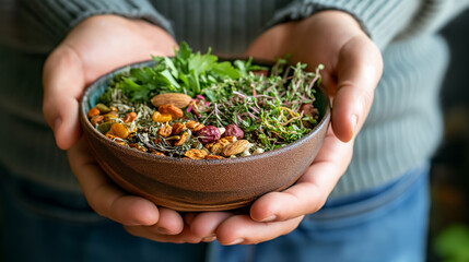 Person holding a bowl of fresh mixed microgreens. - Powered by Adobe