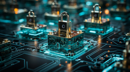 Digital security padlock on a motherboard symbolizing strong cybersecurity measures and data protection.
