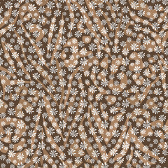 Seamless monochrome brown floral pattern on striped tiger background. - 718684023