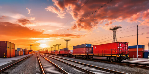 Fototapeta na wymiar Sunset Shipment: A Serene Freight Train Journey Through an Industrial Landscape.