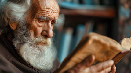 Elderly man deeply engrossed in an ancient book.