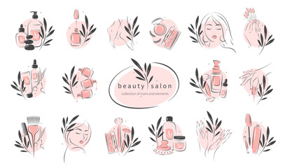 Set of elements and icons for beauty salon. Nail polish,  manicured female hands, beautiful woman face, lipstick, eyelash extension, makeup, hairdressing. Vector illustrations - obrazy, fototapety, plakaty