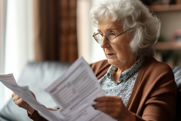 An elderly woman looks at the bills - obrazy, fototapety, plakaty