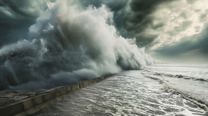Gigantic wave crashing over a coastal barrier dramatically.