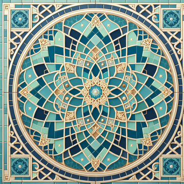 Islamic style geometric mosaic in a Moroccan style pattern, decorative zellige tiles, generative ai