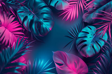 background with tropical leaves and neon light - obrazy, fototapety, plakaty