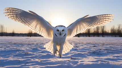 Polar owl hunting in winter among the snows
