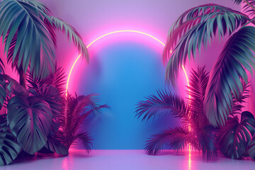 Fototapeta na wymiar background with tropical leaves and neon light