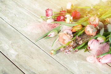 bouquet of spring flowers on rustic wooden table - Happy Mothe's Day, Birthday, Easter greeting card