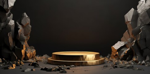 The mini stage is circular in shape with gold color and black stone decoration on the side. generative Ai
