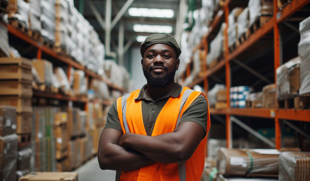 Warehouse, business and man employee and manager checking with smile for courier service, delivery or exports. Confident, successful and hard working male at factory for parcels or inventory