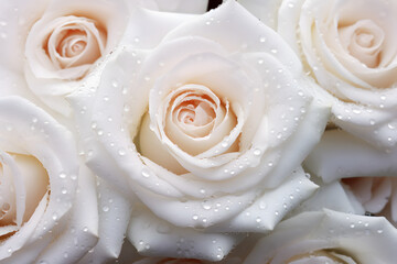 Close up white rose with water droplets background.