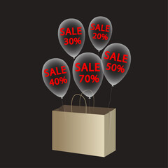 shopping bag and balloons with text flying out of this bag