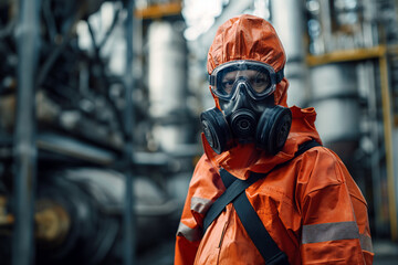 workers in chemical protection suits at work - obrazy, fototapety, plakaty