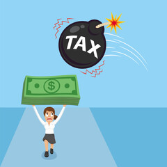 A woman with money ran away from tax bomb. illustration vector cartoon.