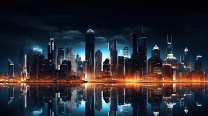 Panoramic view of futuristic city skyline with high buildings at night