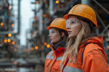 two construction worker girls in helmets and glasses