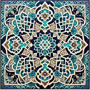Islamic style geometric mosaic in a Moroccan style pattern, decorative zellige tiles, generative ai
